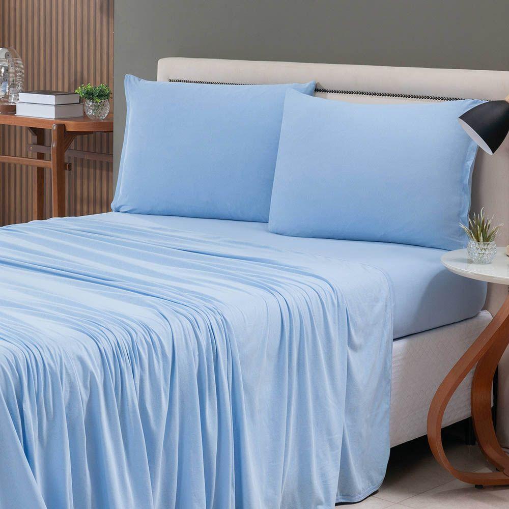 Jogo De Lençol Minimal King 4 Peças Malha 100% Algodão Liso Azul - 2