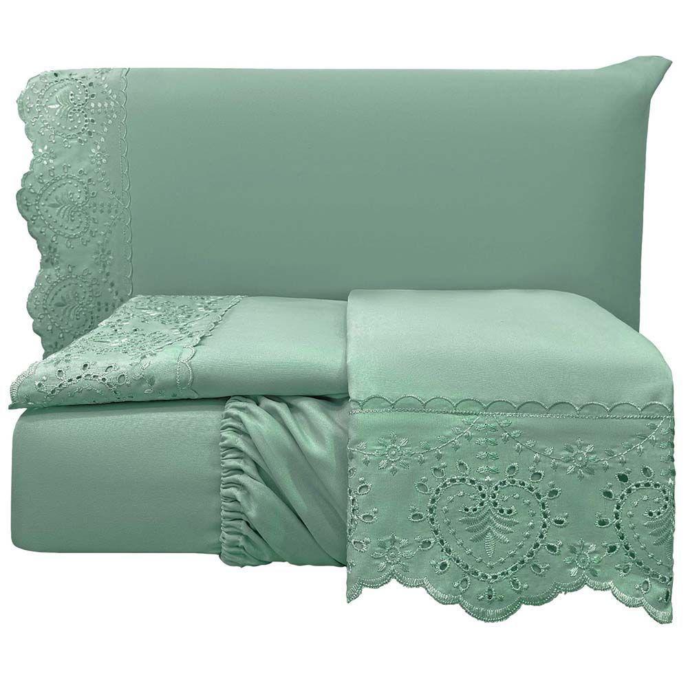 Jogo De Cama Lençol Bella Casal 4 Peças Micropercal 300 Fios Bordado Inglês Macio Verde 100% Poliéster - 3