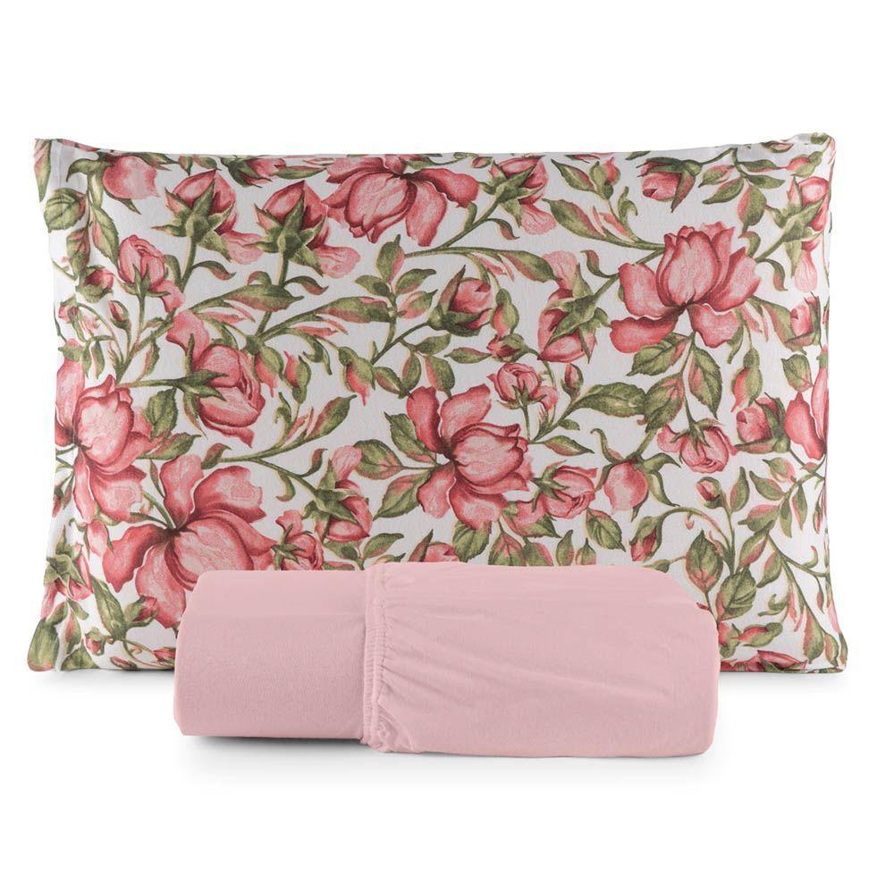 Jogo De Lençol Luar Solteiro 2 Peças Malha 100% Algodão Estampado Rose Floral - 1