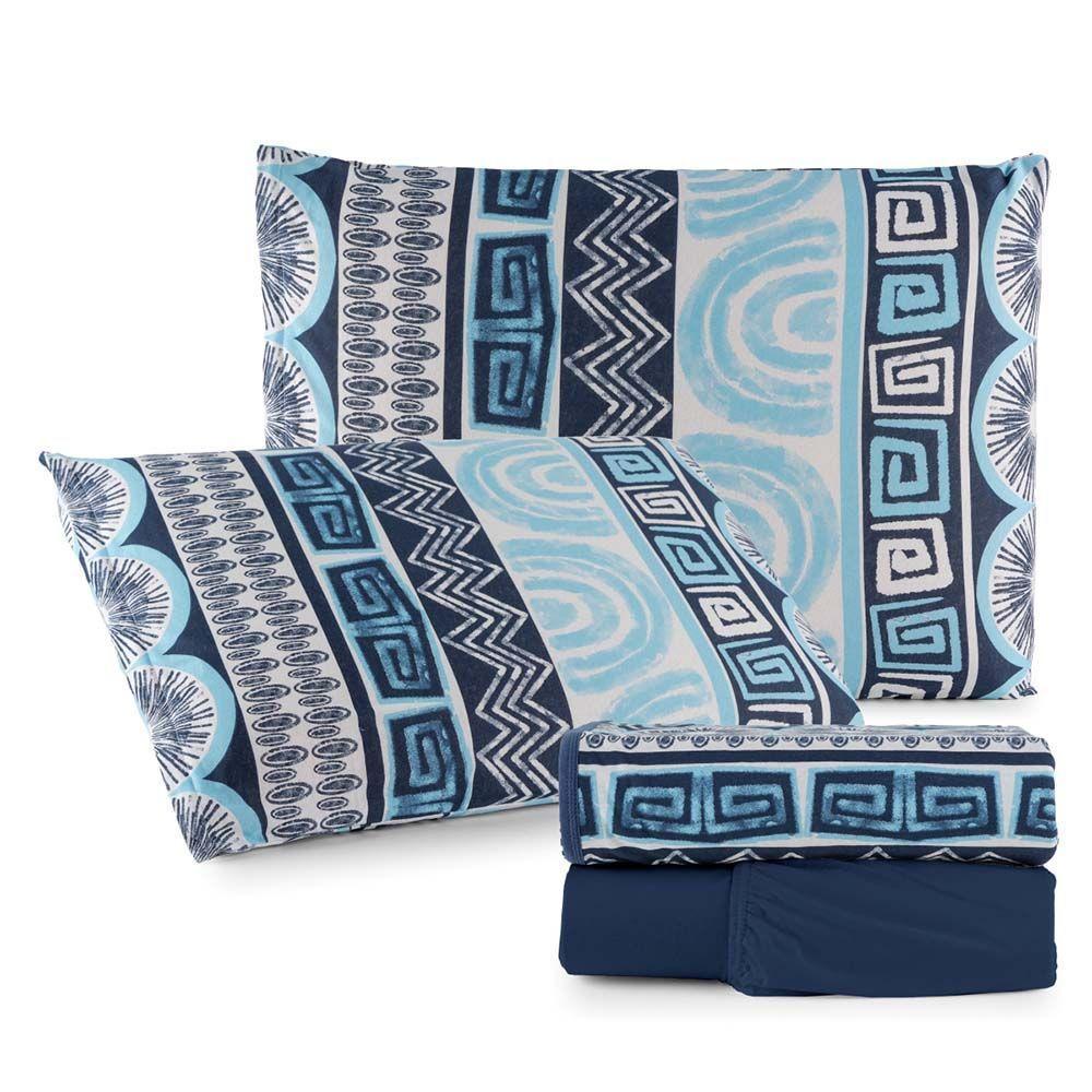 Jogo De Lençol Luar King 4 Peças Malha 100% Algodão Estampado Azul Marinho Geométrico - 1