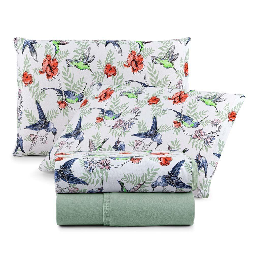 Jogo De Lençol Luar Casal 4 Peças Malha 100% Algodão Estampado Verde Birds - 1