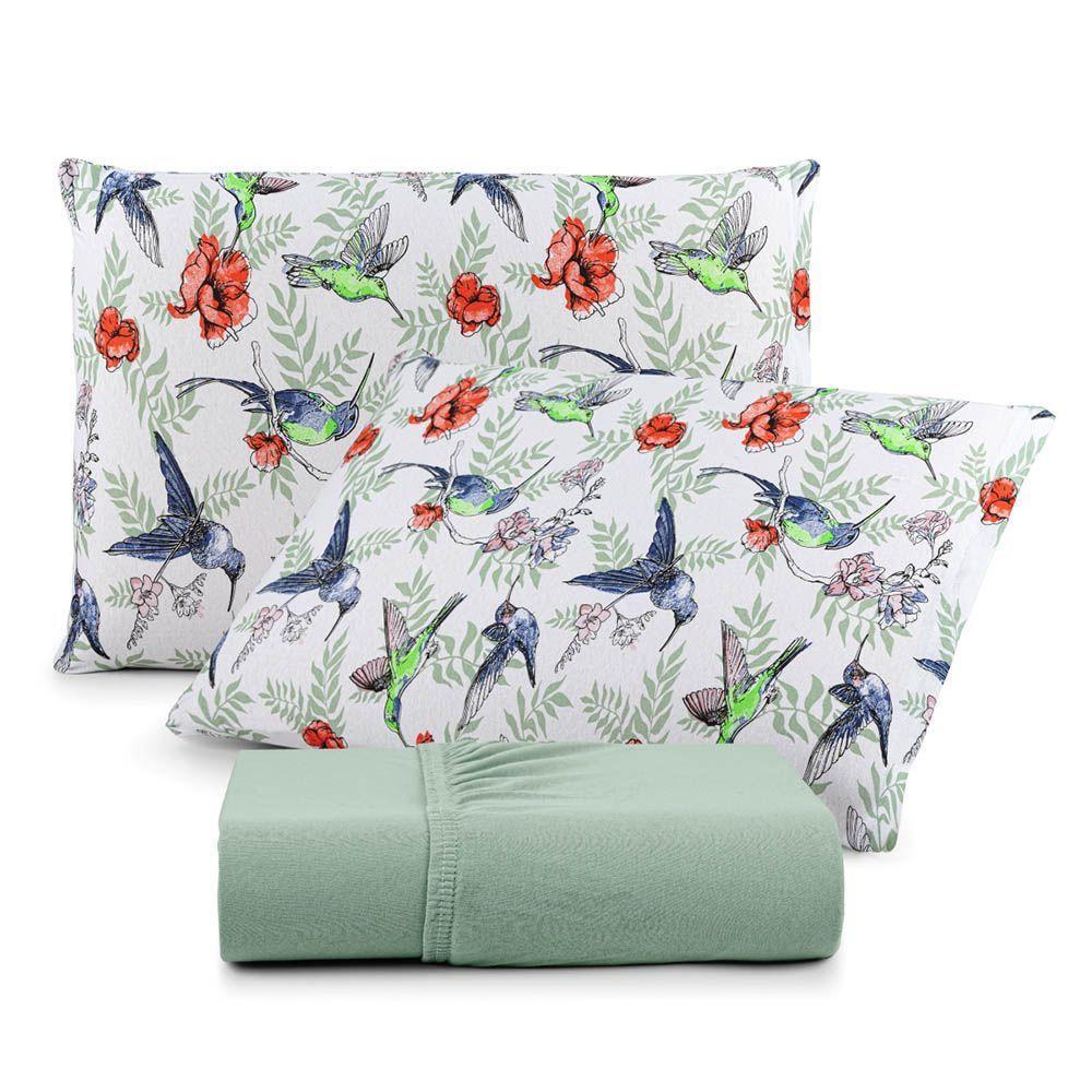 Jogo De Lençol Luar King 3 Peças Malha 100% Algodão Estampado Verde Birds - 1