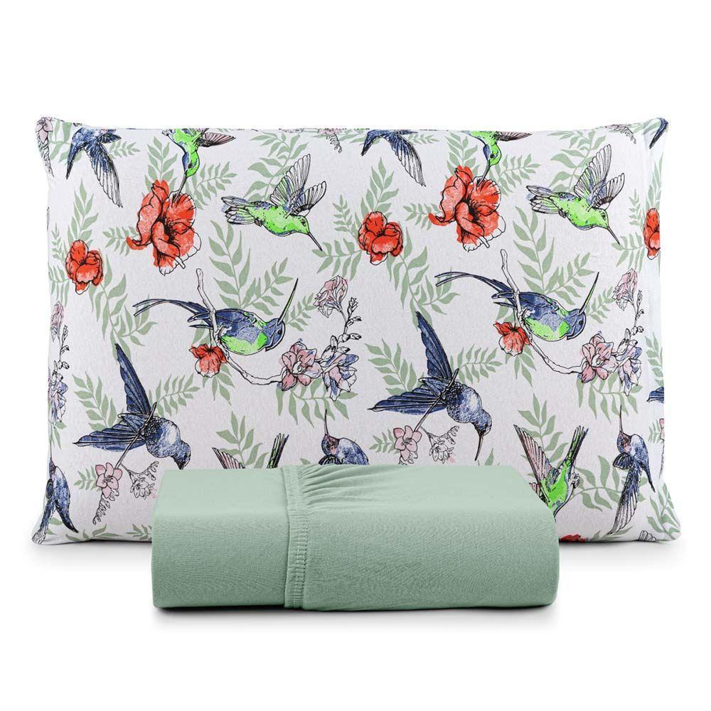 Jogo De Lençol Luar Solteiro 2 Peças Malha 100% Algodão Estampado Verde Birds - 1