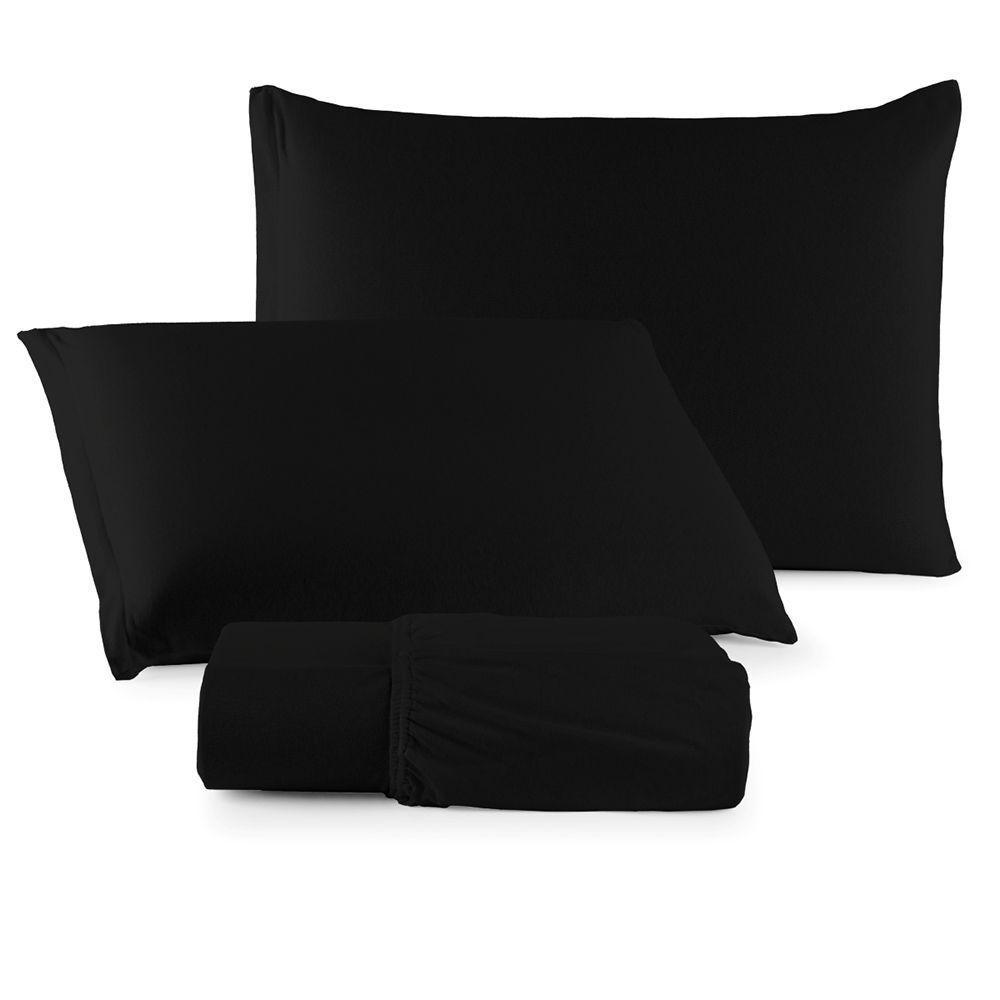 Jogo De Lençol Minimal Casal 3 Peças Malha 100% Algodão Liso Preto - 1