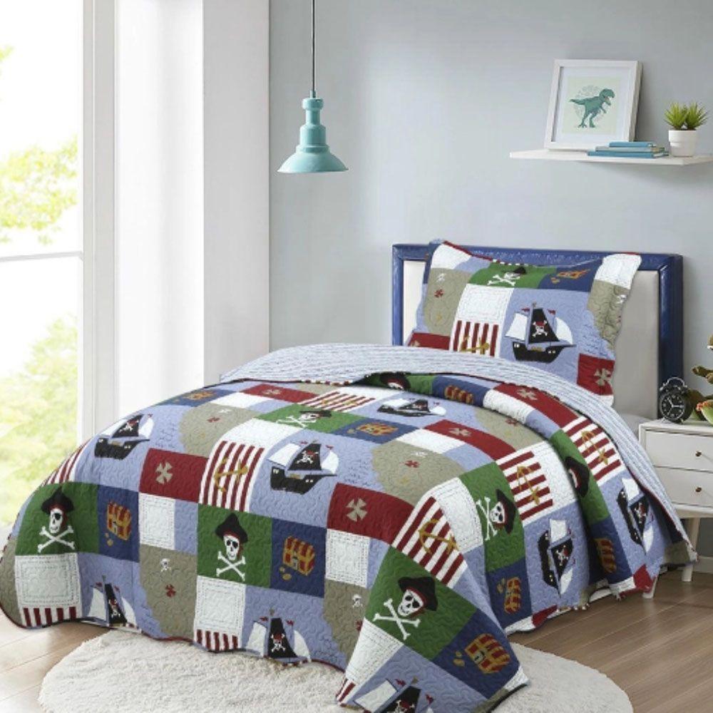 Kit Cobre Leito Colcha Magic Solteiro Infantil 2 Peças Microfibra 180 Fios Pirata Patchwork 100% Poliéster - 1