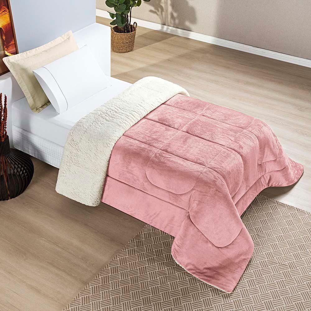 Coberdrom Diamond Solteiro Sherpa Com Manta Flannel 01 Peça Rosa 100% Poliéster - 1