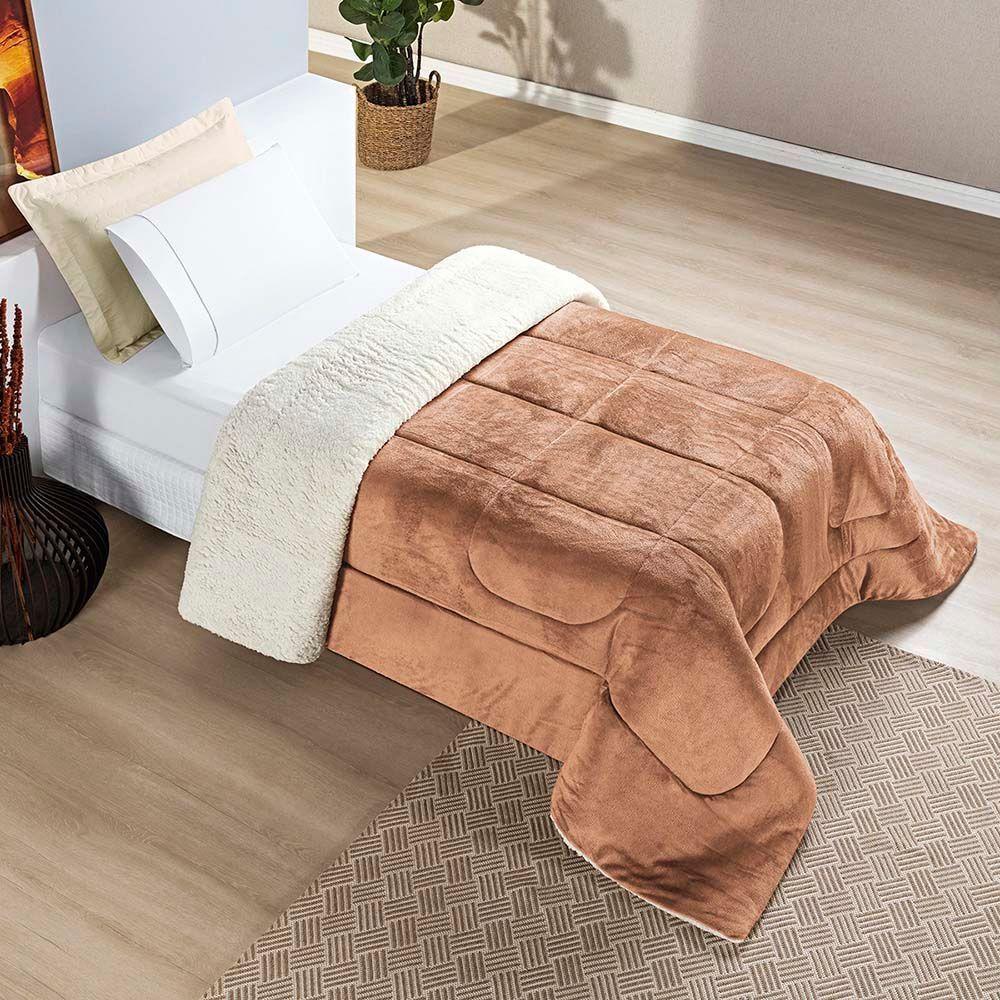 Coberdrom Diamond Solteiro Sherpa Com Manta Flannel 01 Peça Caramelo Apricot 100% Poliéster - 1