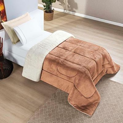 Coberdrom Diamond Solteiro Sherpa Com Manta Flannel 01 Peça Caramelo Apricot 100% Poliéster