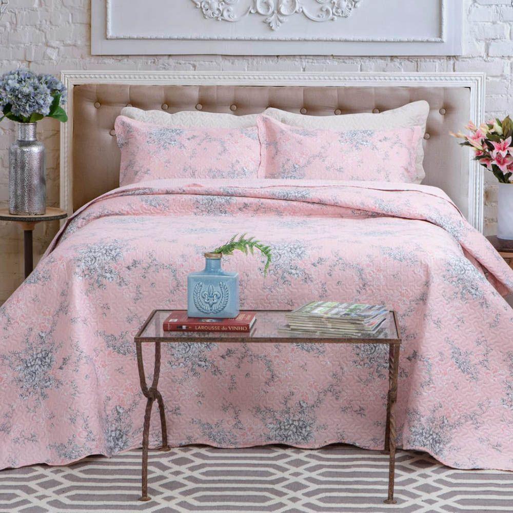 Kit Cobre Leito Colcha Daily Queen 3 Peças Dupla Face Estampado Floral Floral 3 Rosa 100% Poliéster - 1