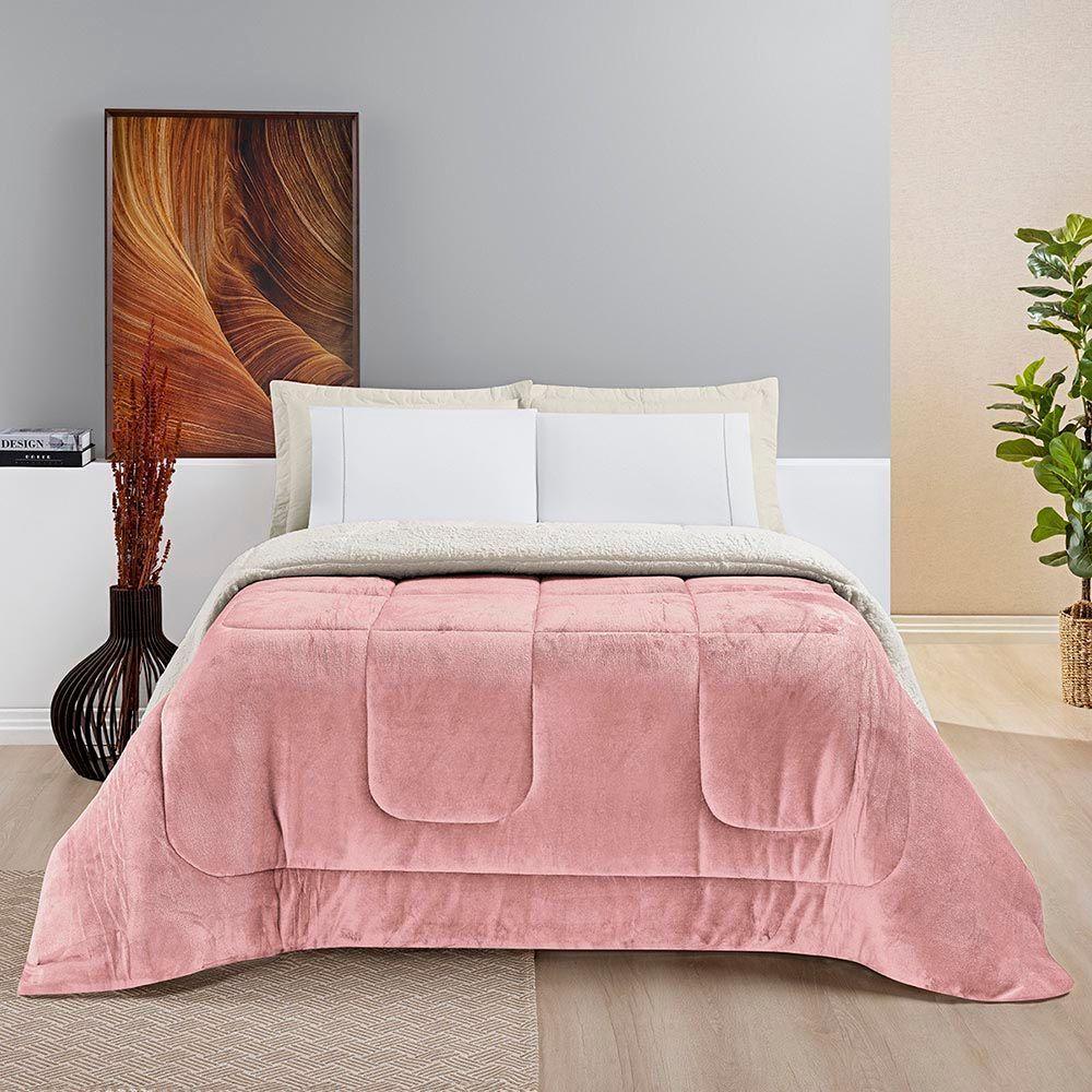 Coberdrom Diamond Casal King Sherpa Com Manta Flannel 01 Peça Rosa 100% Poliéster - 1