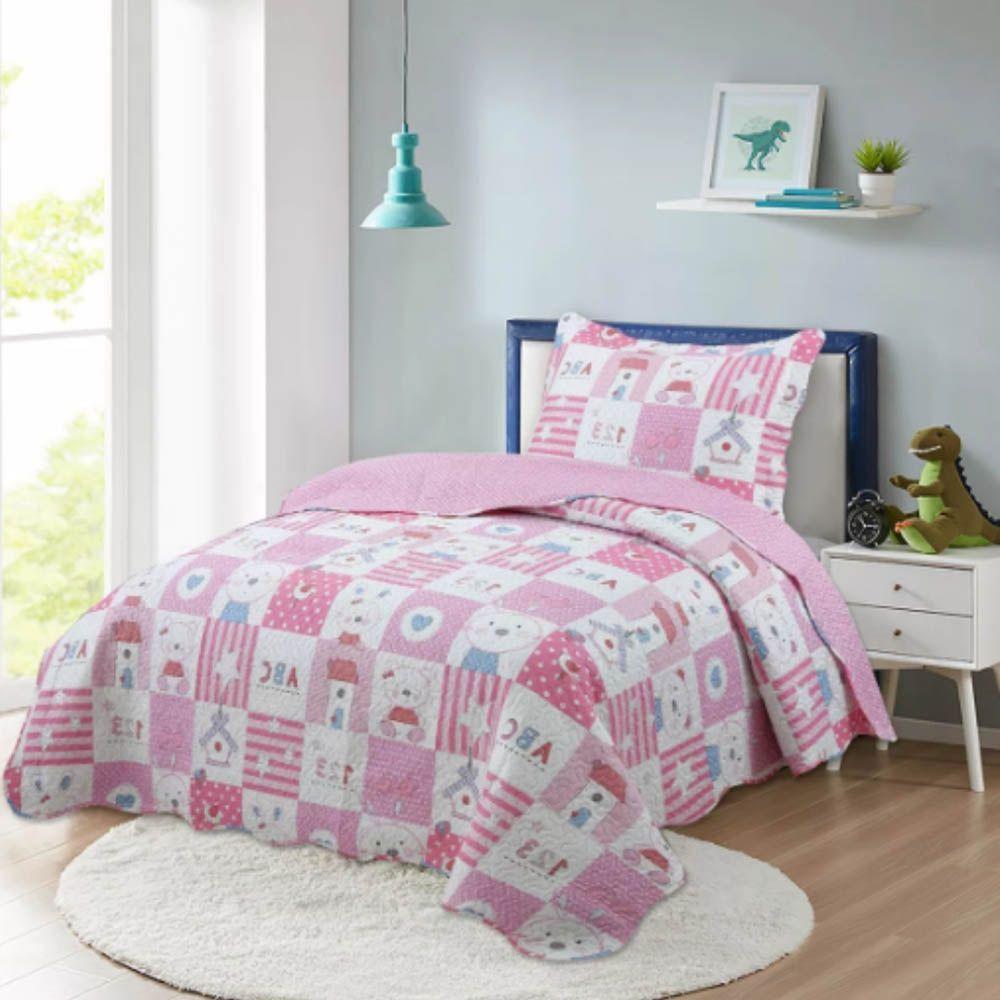 Kit Cobre Leito Colcha Magic Solteiro Infantil 2 Peças Microfibra 180 Fios Coelho Rosa 100% Poliéster - 1