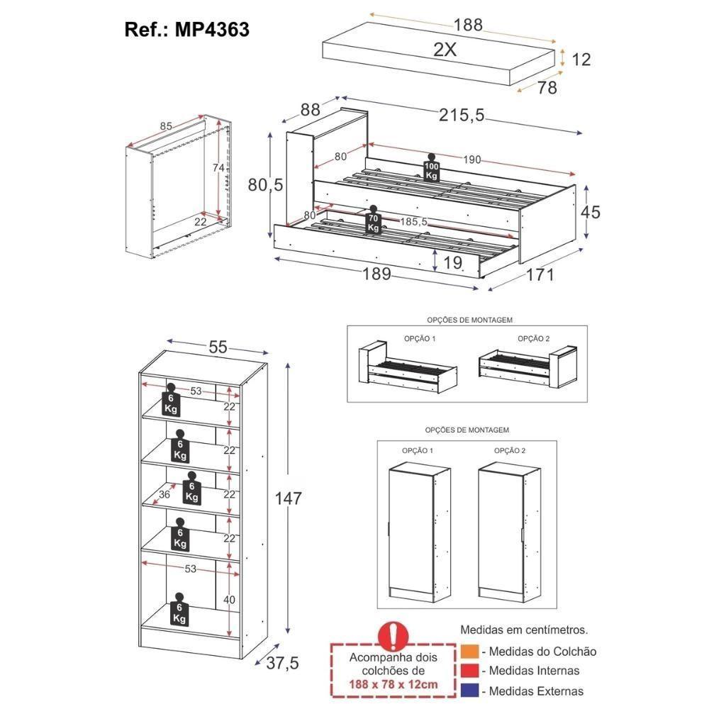 Bicama Com Colchões Inclusos Baú Embutido E Sapateira Multimóveis Mp4363 Branco - 7
