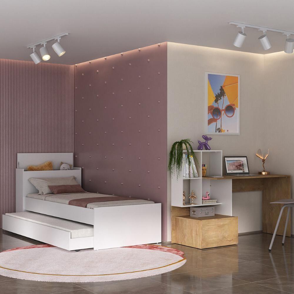 Bicama Para Colchão 78x188cm Com Baú Embutido E Escrivaninha Multimóveis Mp4368 Branco/madeirado - 1