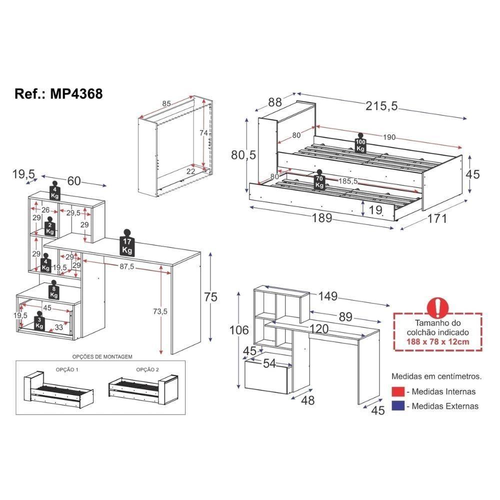 Bicama Para Colchão 78x188cm Com Baú Embutido E Escrivaninha Multimóveis Mp4368 Branco/madeirado - 7