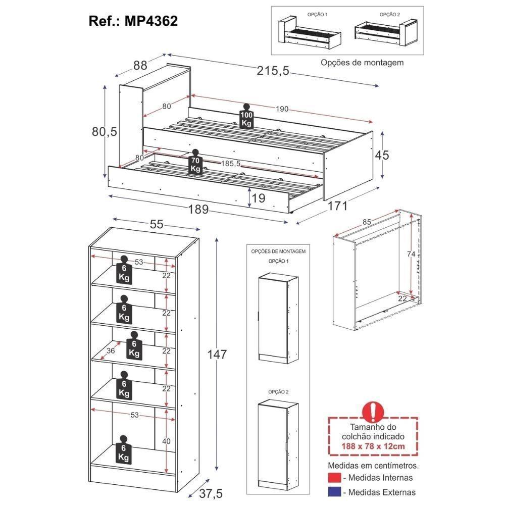 Bicama Para Colchão 78x188cm Com Baú Embutido E Sapateira Multimóveis Mp4362 Branco - 7