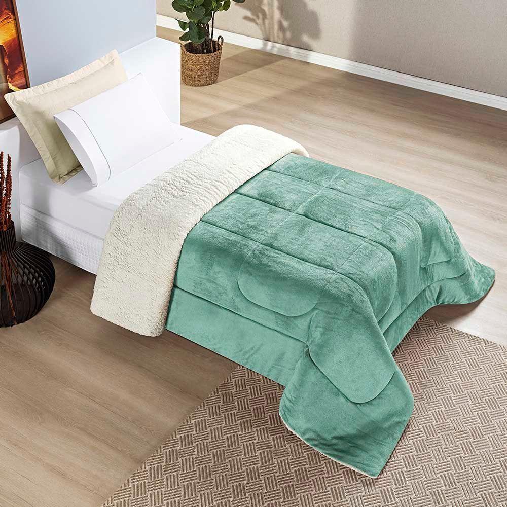 Coberdrom Diamond Solteiro Sherpa Com Manta Flannel 01 Peça Verde Alecrim 100% Poliéster - 1