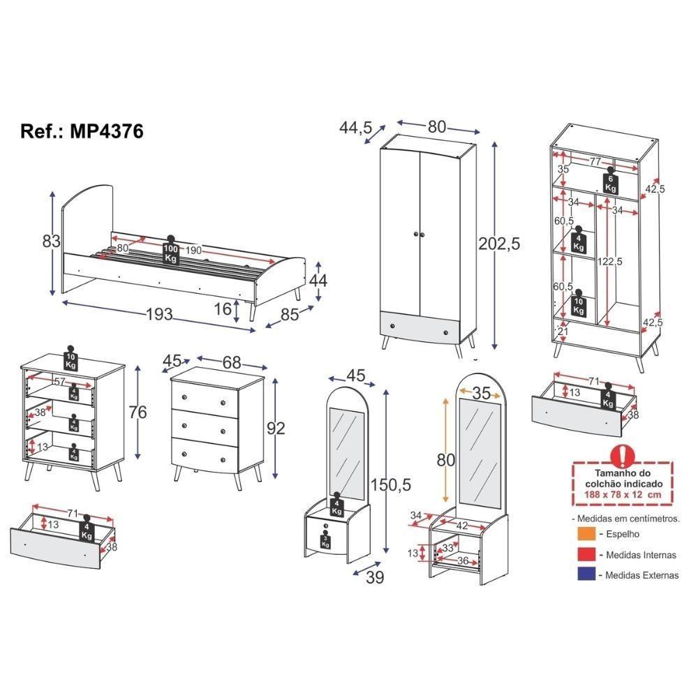 Quarto Infantil Completo Para Colchão 78x188cm Doçura Multimóveis Mp4376 Branco/cinza/rosa - 6