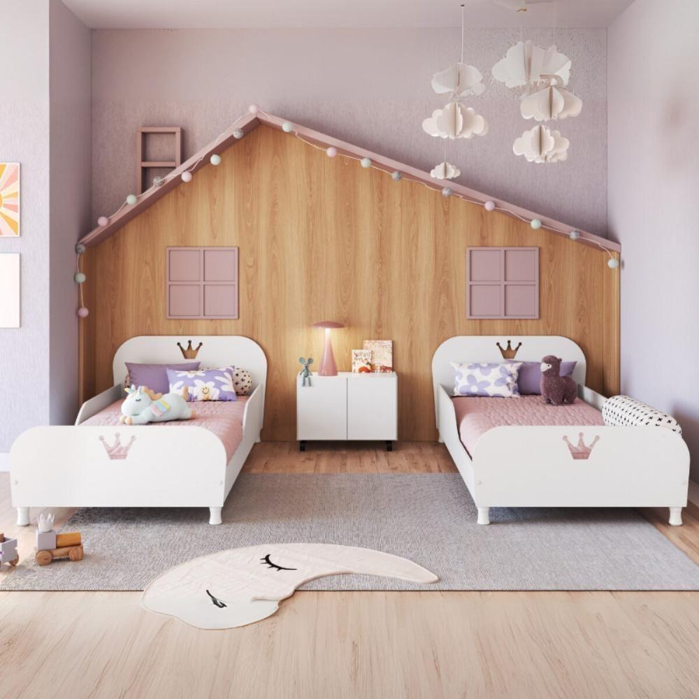 Kit 2 Camas Solteiro Para Colchão 88x188cm Com Mesa De Cabeceira 2 Portas Multimóveis Mp4374 Branco - 1