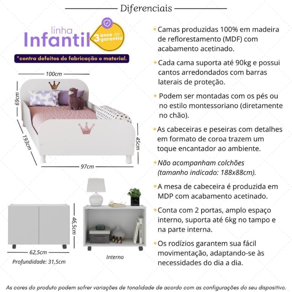Kit 2 Camas Solteiro Para Colchão 88x188cm Com Mesa De Cabeceira 2 Portas Multimóveis Mp4374 Branco - 5