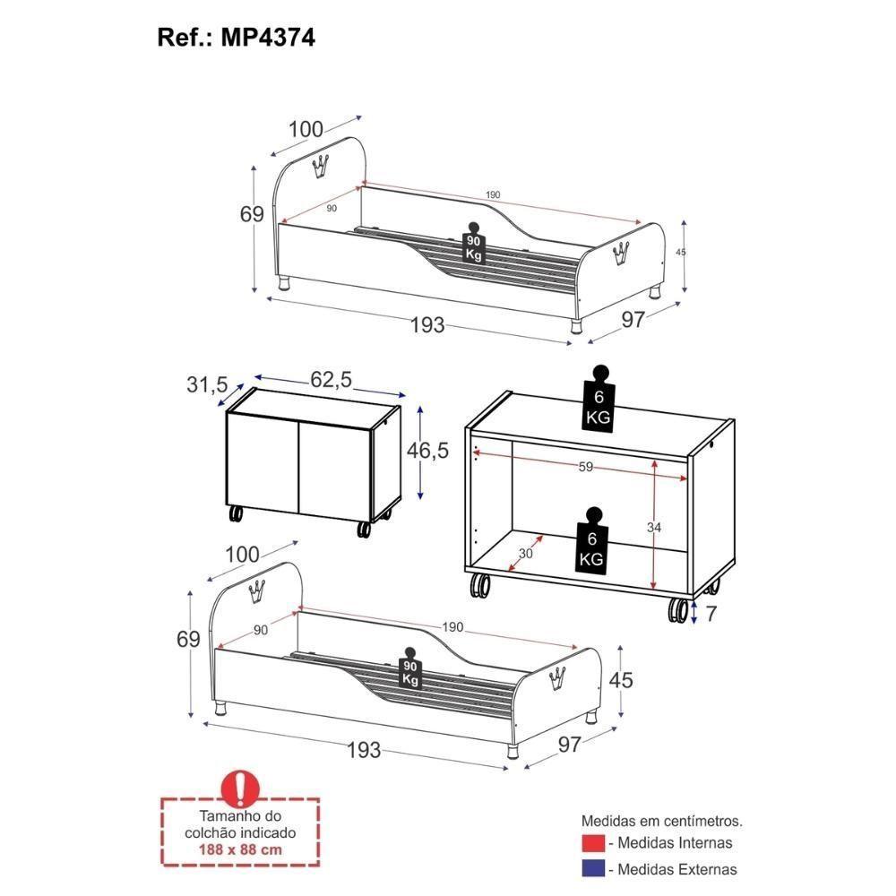 Kit 2 Camas Solteiro Para Colchão 88x188cm Com Mesa De Cabeceira 2 Portas Multimóveis Mp4374 Branco - 6