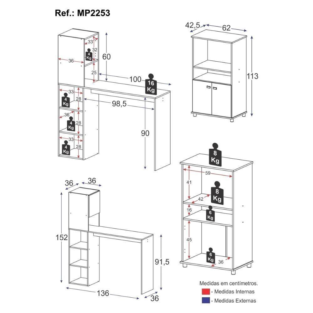 Balcão Para Forno E Micro-ondas 2 Portas E Bancada Com Armário Multimóveis Mp2253 Branco/preto - 6