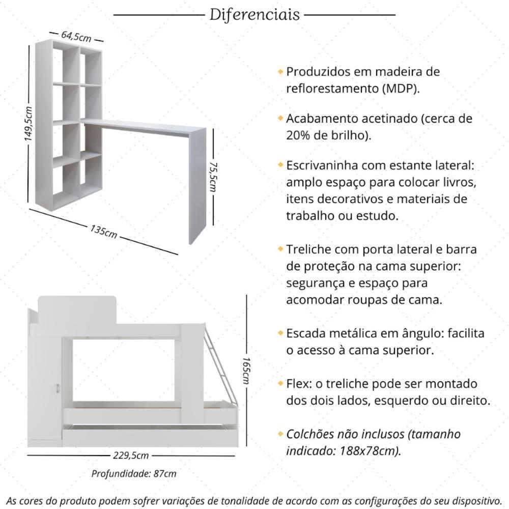 Treliche Para Colchão 78x188cm Com 1 Porta E Escrivaninha Multimóveis Mp4364 Branco - 5