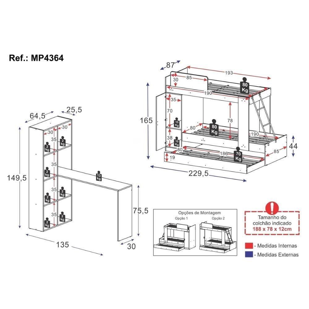 Treliche Para Colchão 78x188cm Com 1 Porta E Escrivaninha Multimóveis Mp4364 Branco - 7