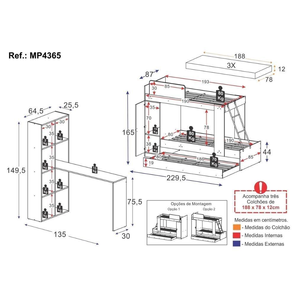 Treliche Com Colchões Inclusos 1 Porta E Escrivaninha Multimóveis Mp4365 Branco - 7