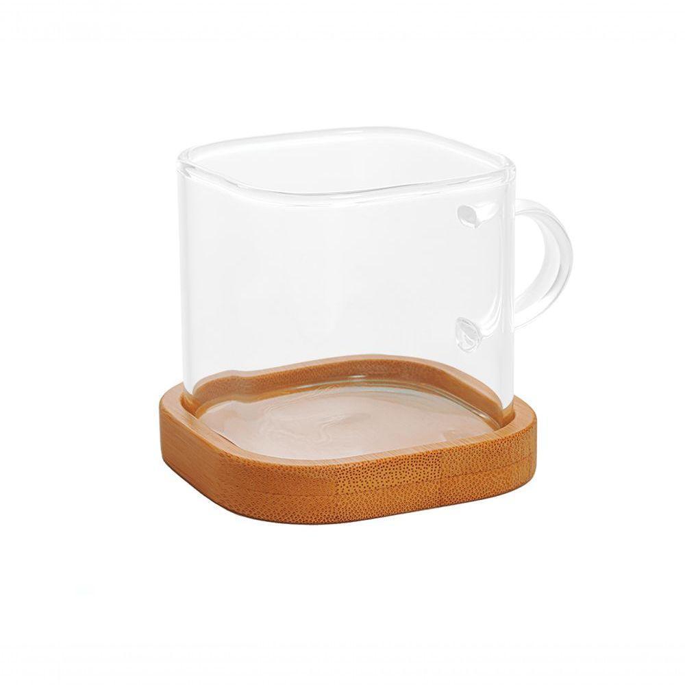 Dupla Caneca Quadrada Vidro Boro Sup Bambu 100 Ml Mimo Style - 1