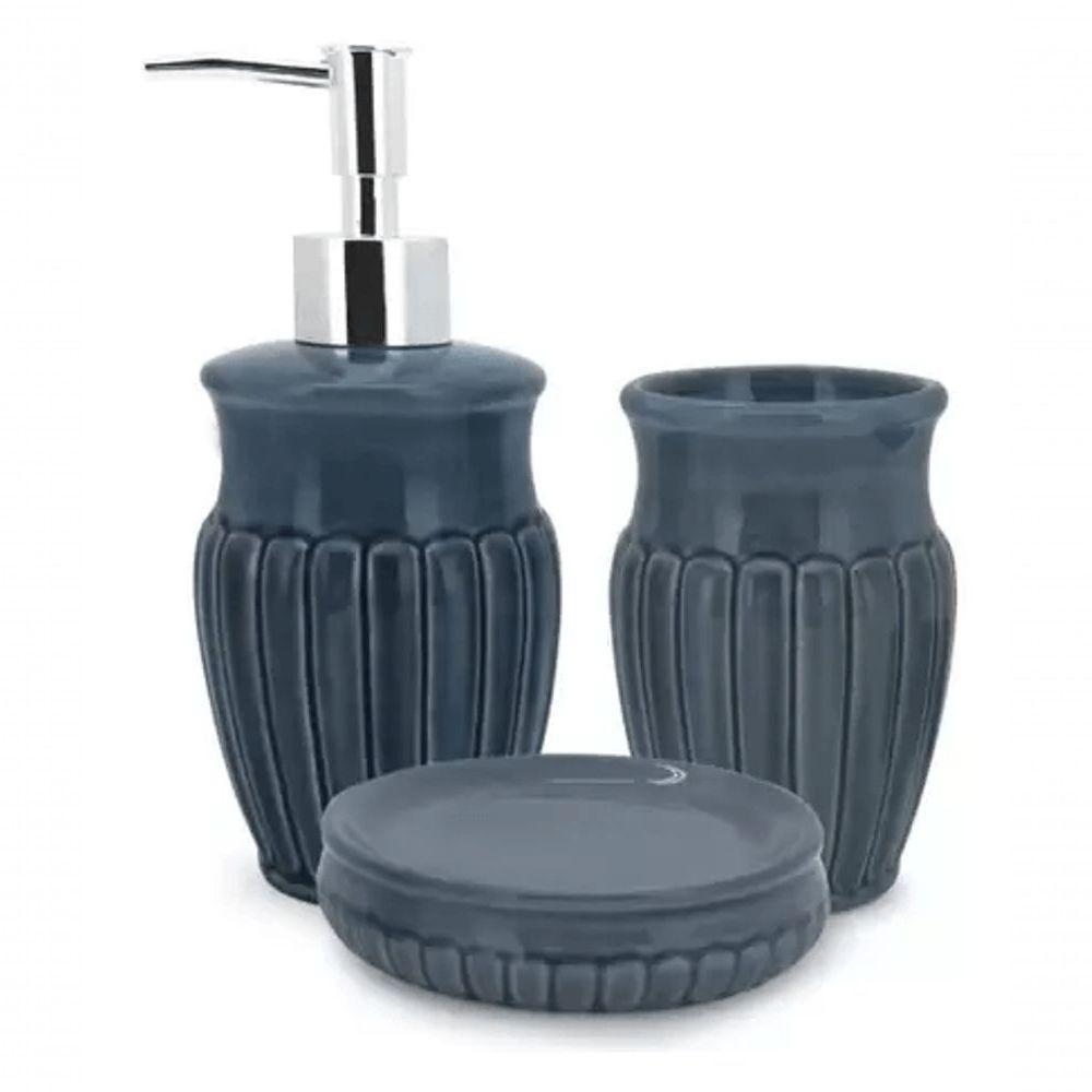 Jogo Com 3 Peças Para Banheiro Em Cerâmica Marine Blue 325 Ml - Mimo Style - Bh20106 - 1