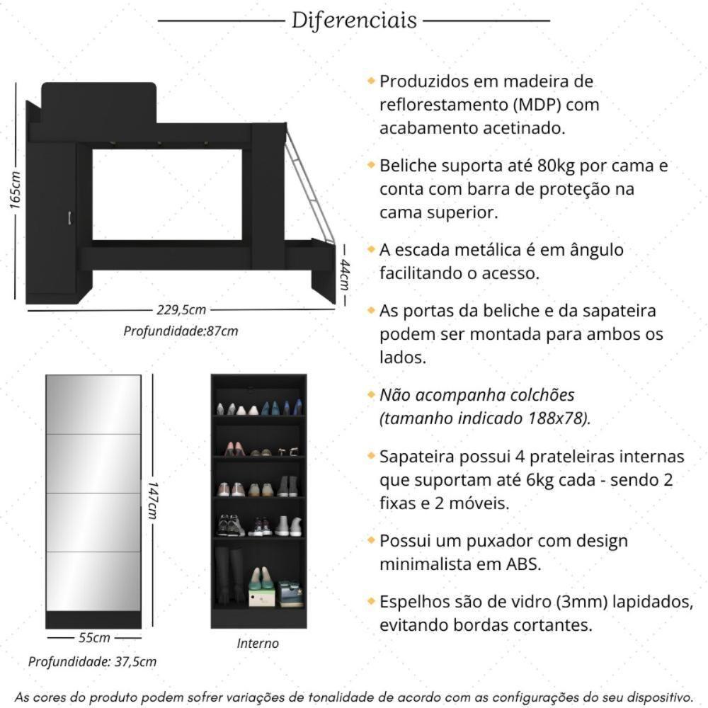 Beliche Para Colchão 78x188cm Com 1 Porta E Sapateira Com Espelhos Multimóveis Mp4370 Preto - 6