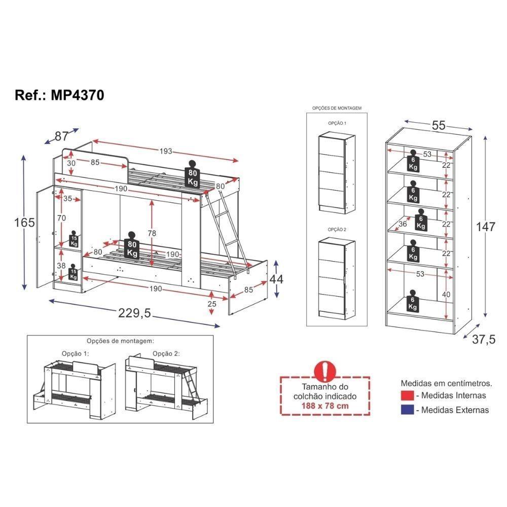 Beliche Para Colchão 78x188cm Com 1 Porta E Sapateira Com Espelhos Multimóveis Mp4370 Preto - 7