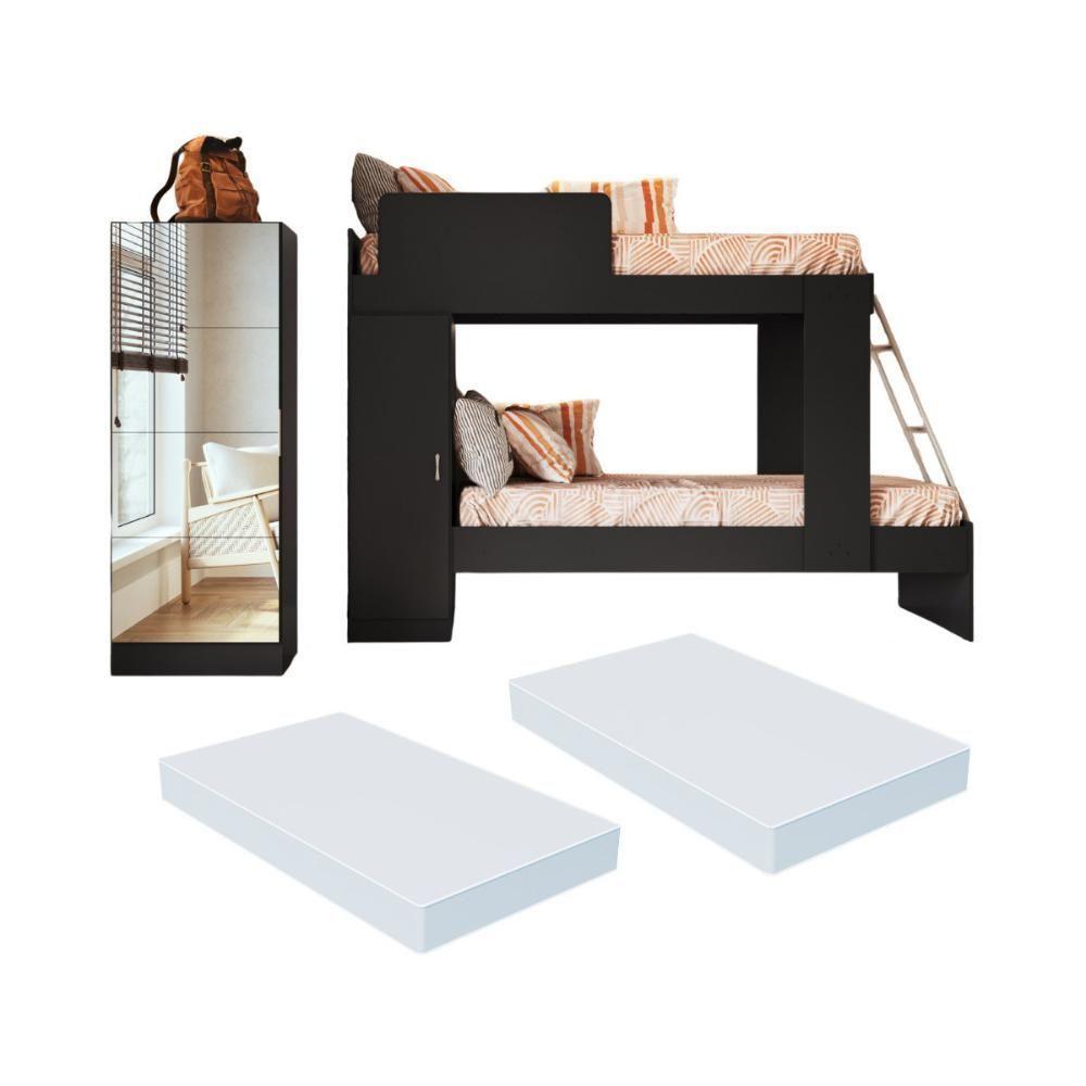 Beliche Com Colchões Inclusos 1 Porta E Sapateira Com Espelhos Multimóveis Mp4371 Preto - 1