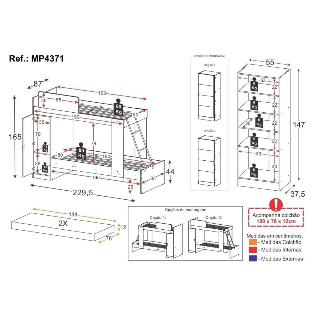 Beliche Com Colchões Inclusos 1 Porta E Sapateira Com Espelhos Multimóveis Mp4371 Preto - 7