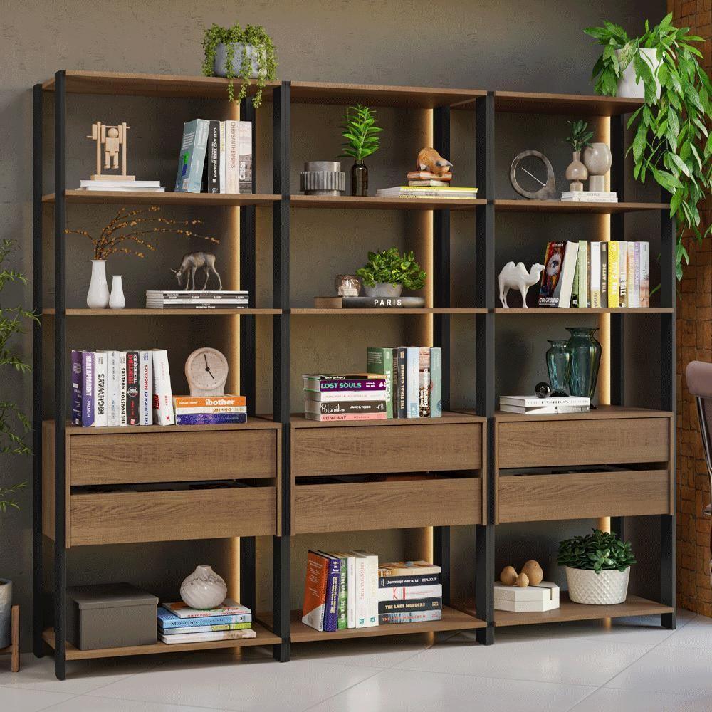 Estante Armário Multiuso Para Livros 6 Gavetas 12 Prateleiras 210cm Madesa Rustic Preto - 1