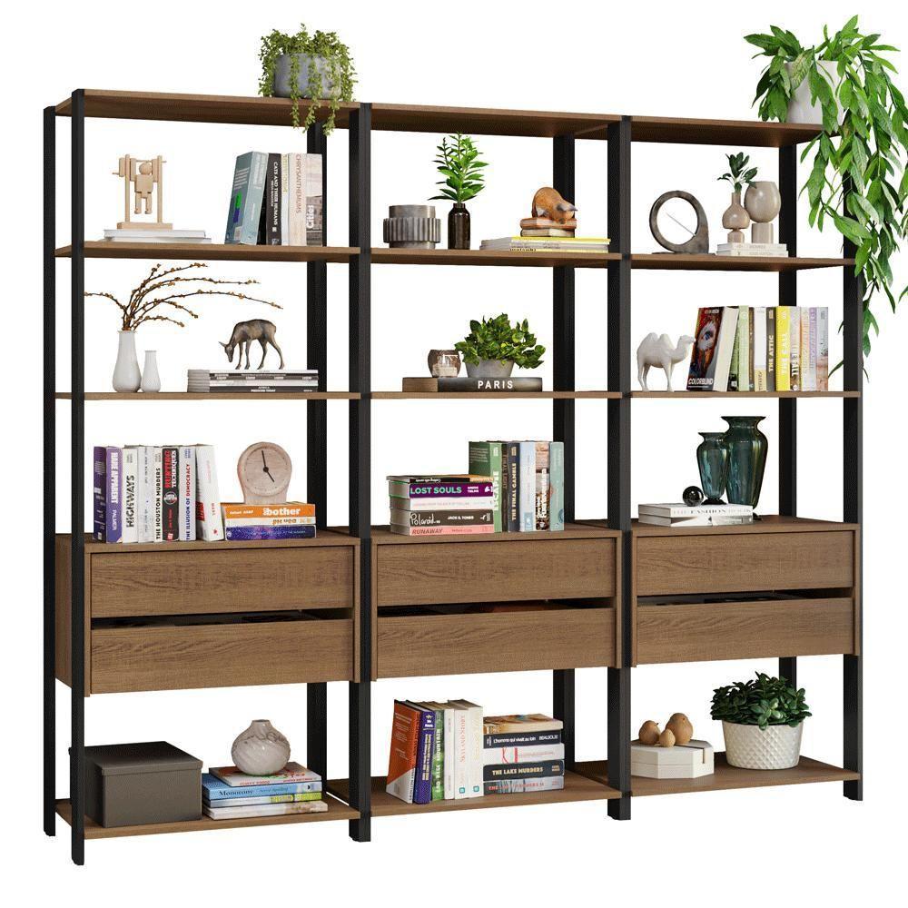 Estante Armário Multiuso Para Livros 6 Gavetas 12 Prateleiras 210cm Madesa Rustic Preto - 2