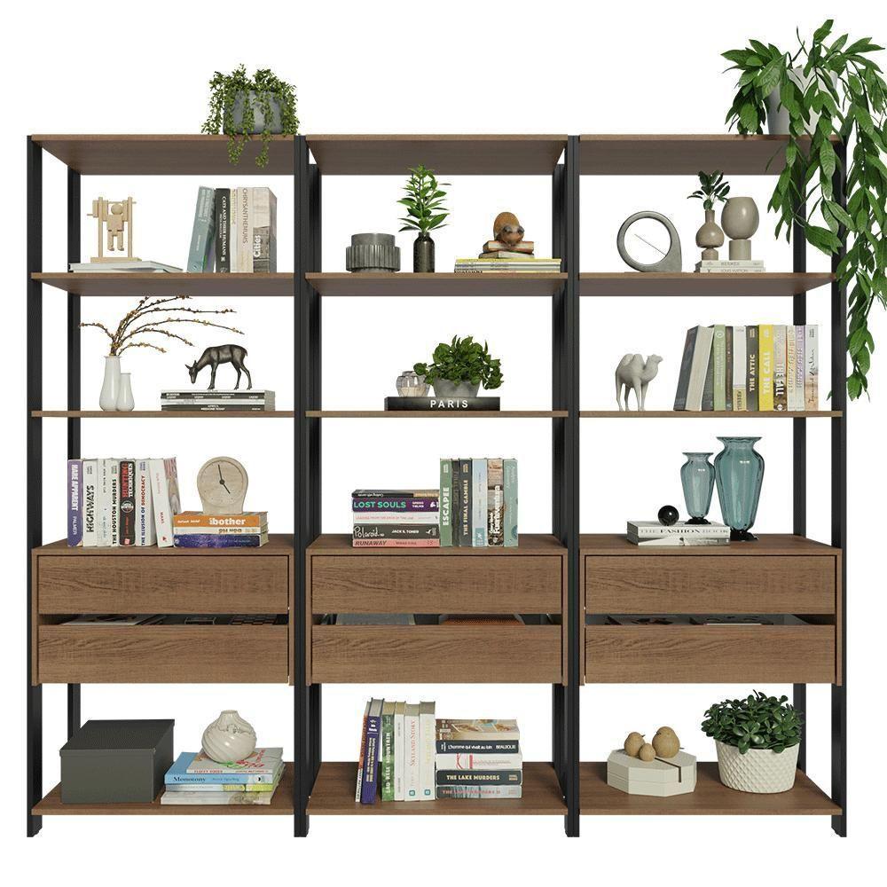 Estante Armário Multiuso Para Livros 6 Gavetas 12 Prateleiras 210cm Madesa Rustic Preto - 5