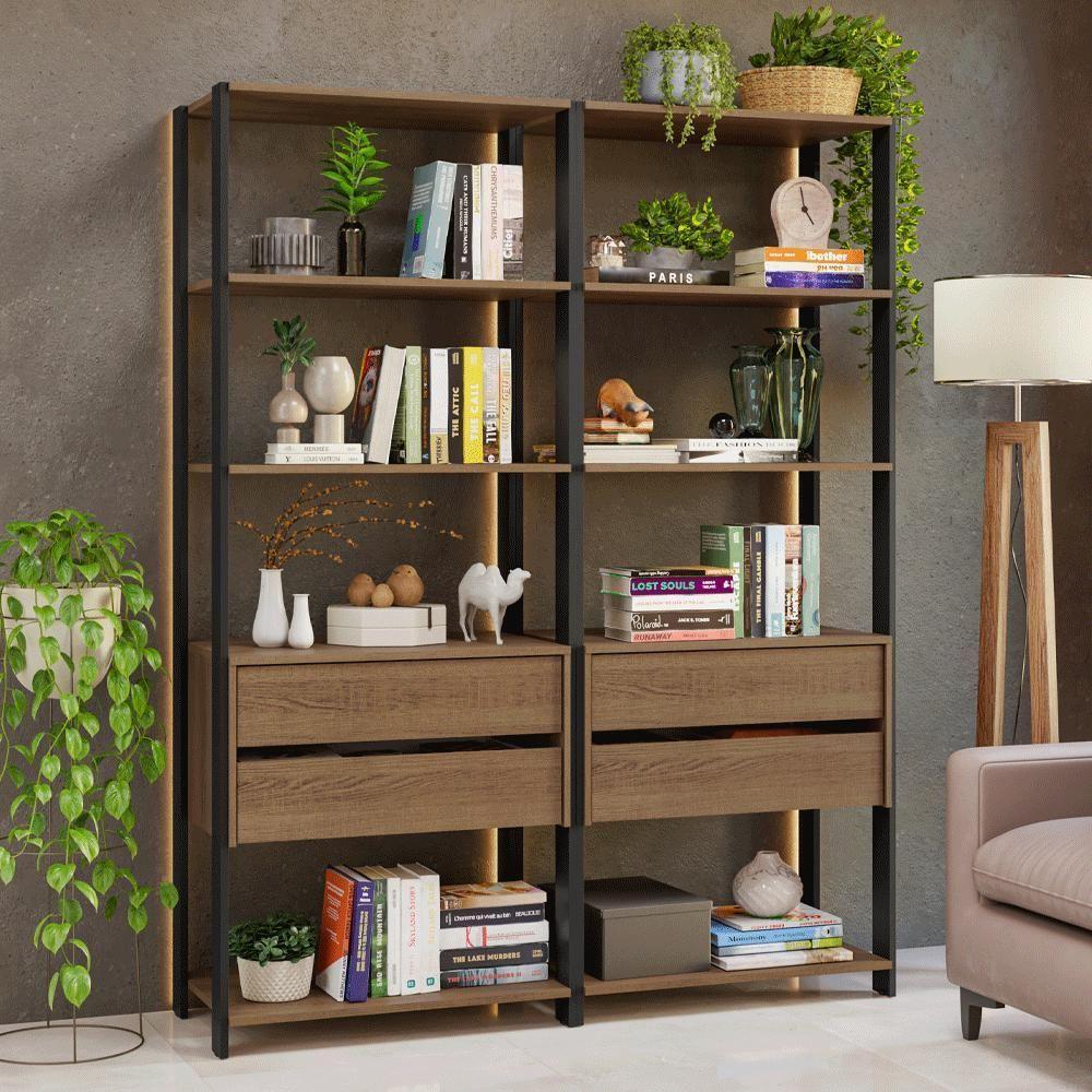 Estante Armário Multiuso Para Livros 4 Gavetas 8 Prateleiras 140cm Rustic Preto Madesa - 1