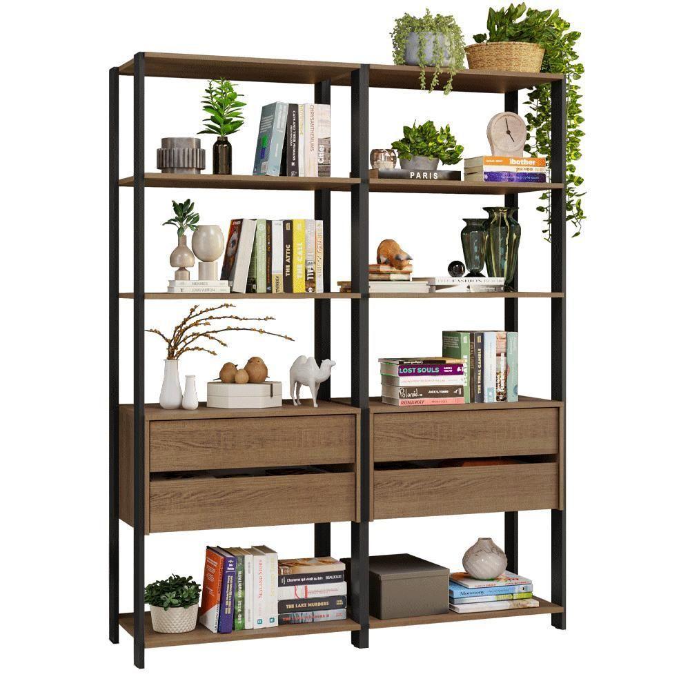 Estante Armário Multiuso Para Livros 4 Gavetas 8 Prateleiras 140cm Rustic Preto Madesa - 3