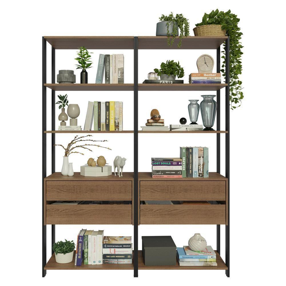 Estante Armário Multiuso Para Livros 4 Gavetas 8 Prateleiras 140cm Rustic Preto Madesa - 4