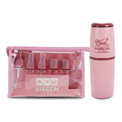 Kit Porta Escova De Dentes + Frascos De Viagem 10 Pcs Rosa