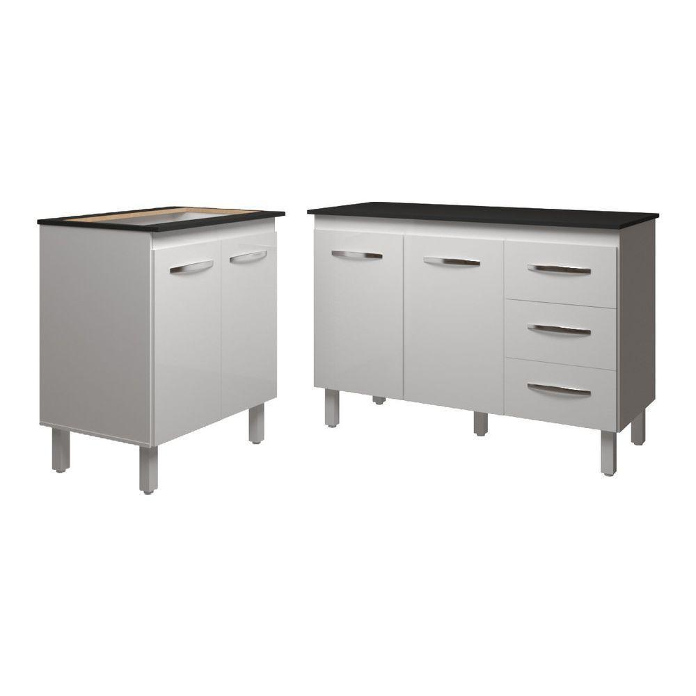 Balcão Para Cooktop 5 Bocas Fran Branco E Armário Bruna 118 Cm Cozinha Gabinete Branco Com Tampo Tampão Preto - 1