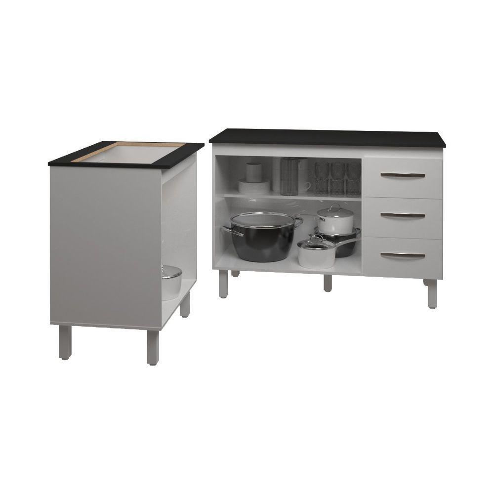 Balcão Para Cooktop 5 Bocas Fran Branco E Armário Bruna 118 Cm Cozinha Gabinete Branco Com Tampo Tampão Preto - 4