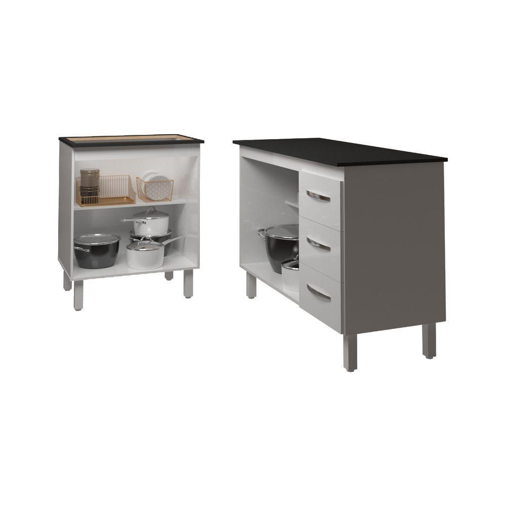 Balcão Para Cooktop 5 Bocas Fran Branco E Armário Bruna 118 Cm Cozinha Gabinete Branco Com Tampo Tampão Preto - 5