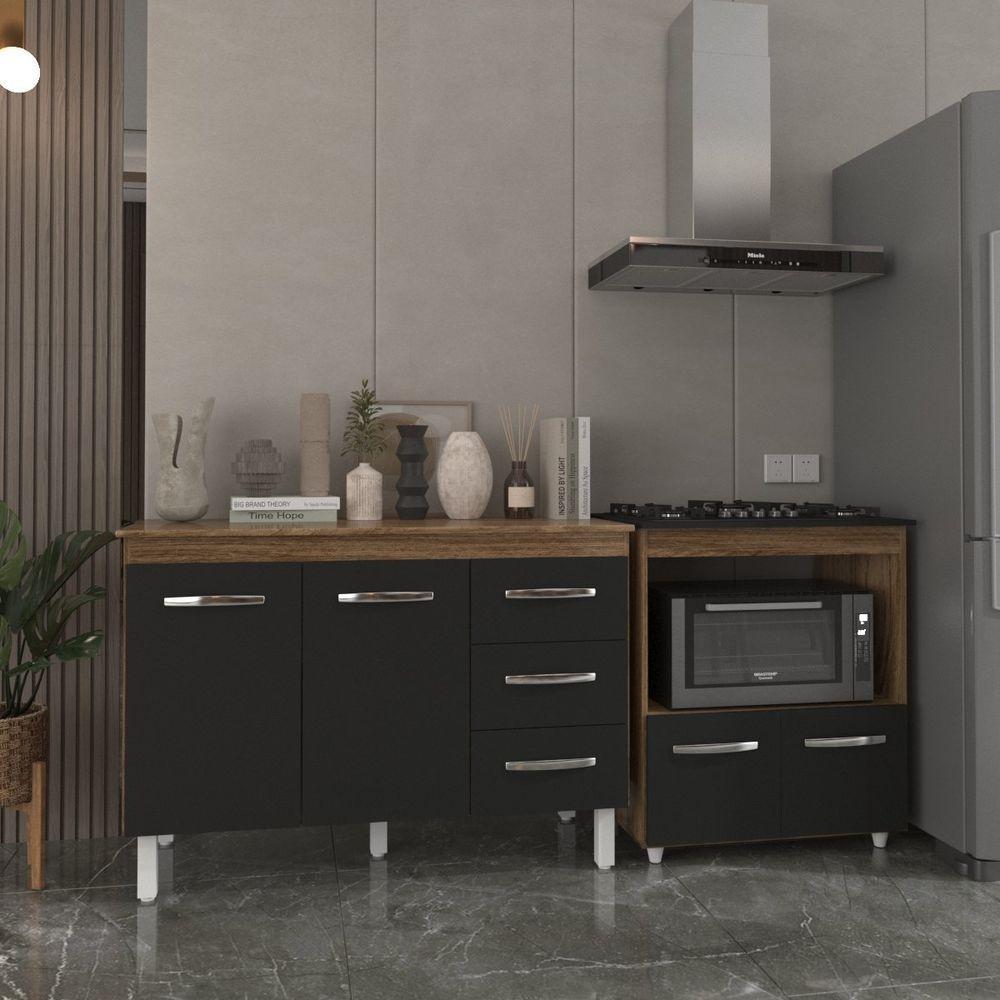 Balcão Armário Gabinete Bruna 118 Cm Preto Com Tampo E Balcão Evelyn Para Cooktop 5 Bocas Preto - 3