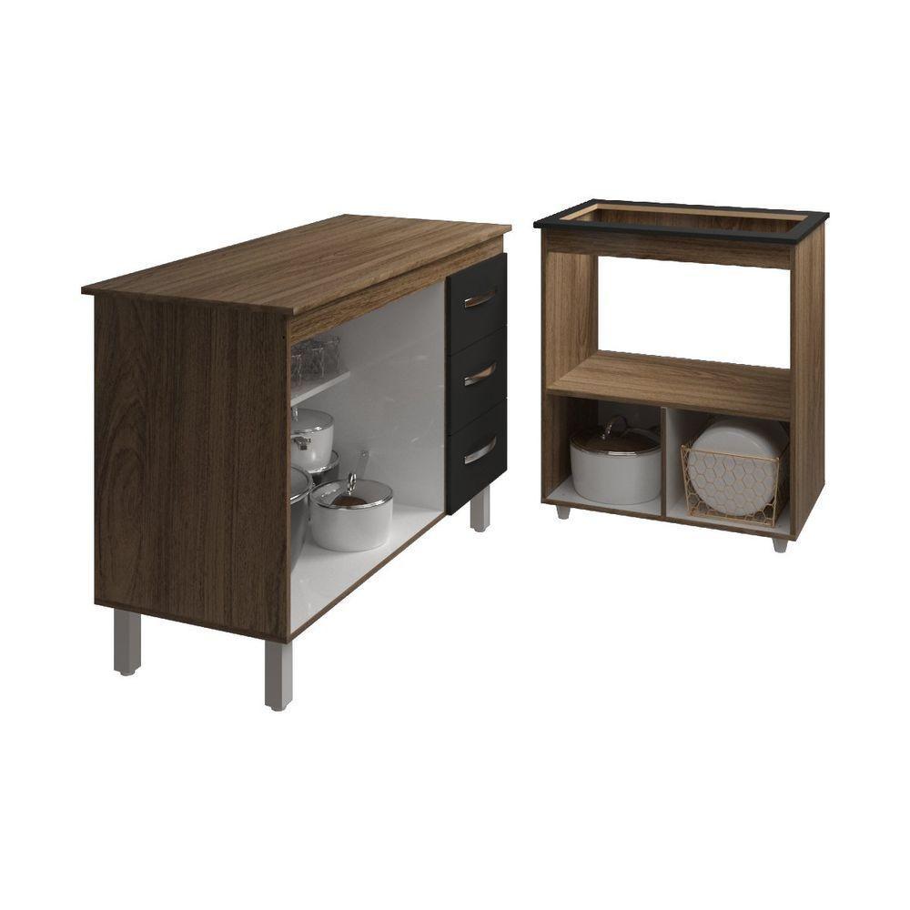 Balcão Armário Gabinete Bruna 118 Cm Preto Com Tampo E Balcão Evelyn Para Cooktop 5 Bocas Preto - 5