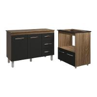Balcão Armário Gabinete Bruna 118 Cm Preto Com Tampo E Balcão Evelyn Para Cooktop 5 Bocas Preto - 1