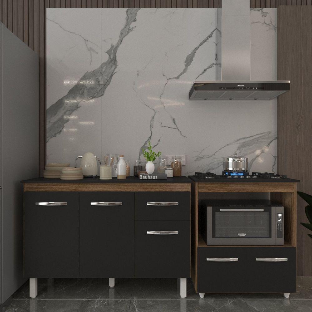 Balcão Armário Gabinete Aline 118 Cm Preto Com Tampo Preto E Balcão Evelyn Para Cooktop 5 Bocas Preto - 3