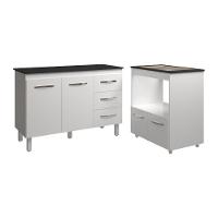 Balcão Armário Gabinete Bruna 118 Cm Branco Com Tampo Preto E Balcão Evelyn Para Cooktop 4 Bocas Branco - 1