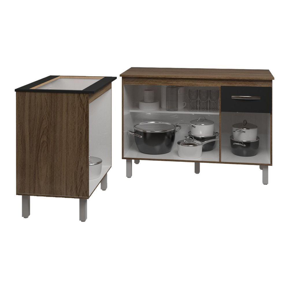 Balcão Para Cooktop 5 Bocas Fran E Armário Aline 118 Cm Cozinha Gabinete Preto Com Tampo Tampão - 5